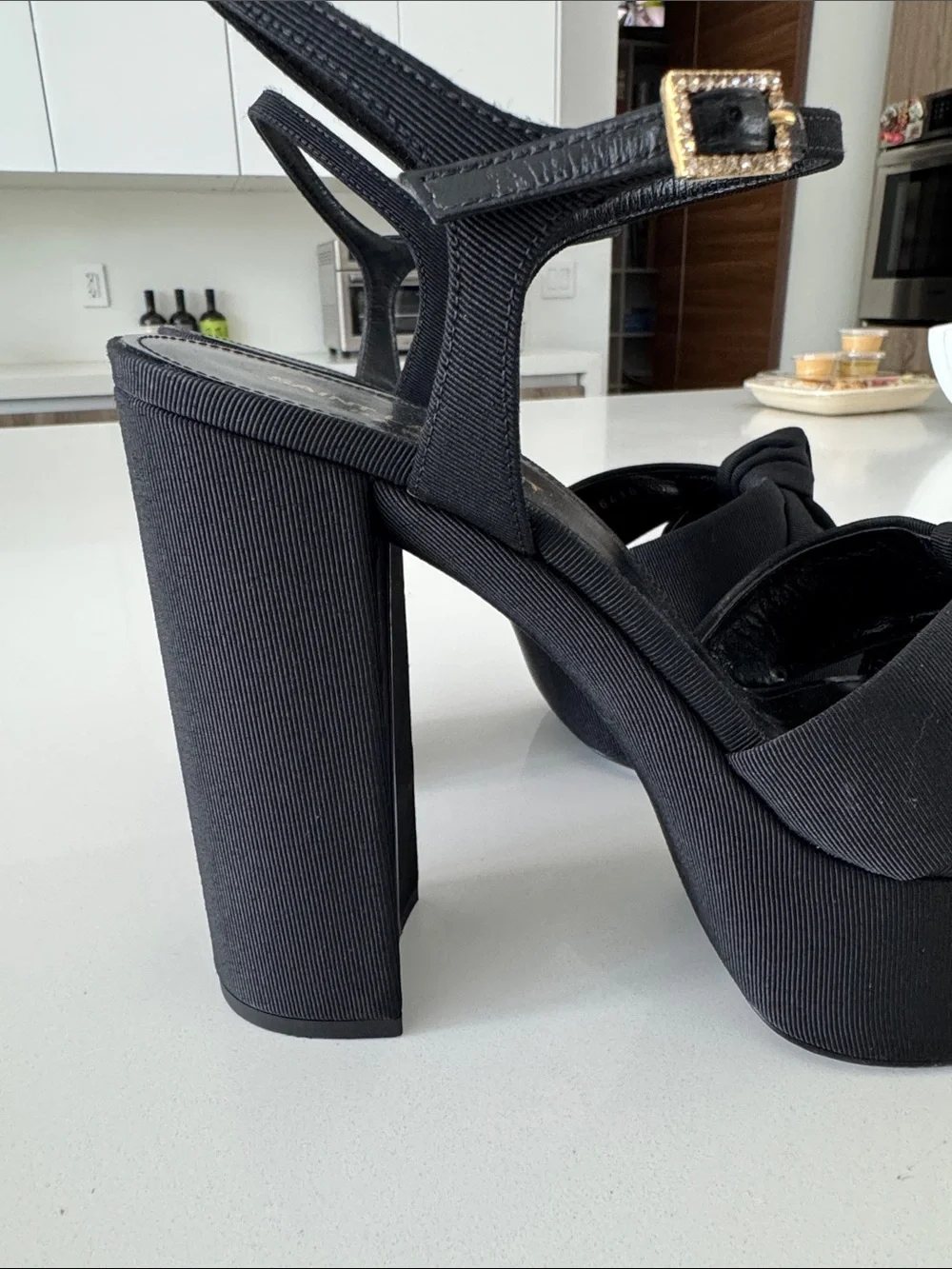 Saint Laurent Black Knotted Platform Heels with Gold Buckles